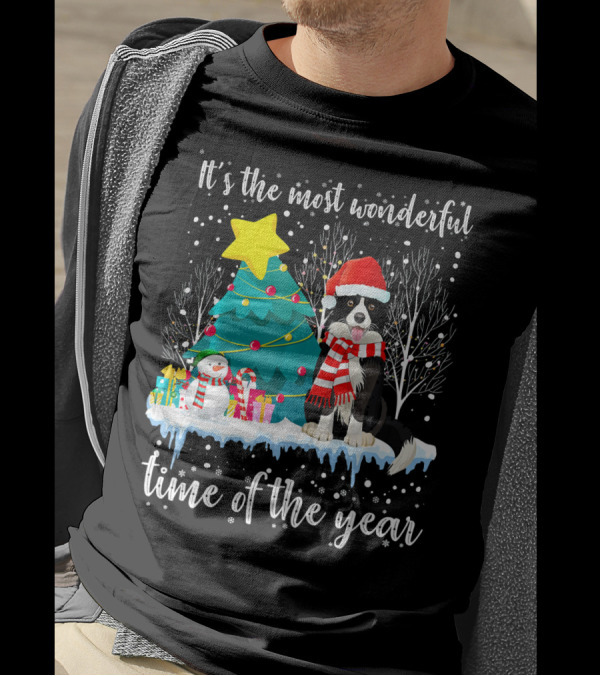 Border Collie It's The Most Wonderful Time Of The Year Christmas Tree Snowman Scene T-Shirt