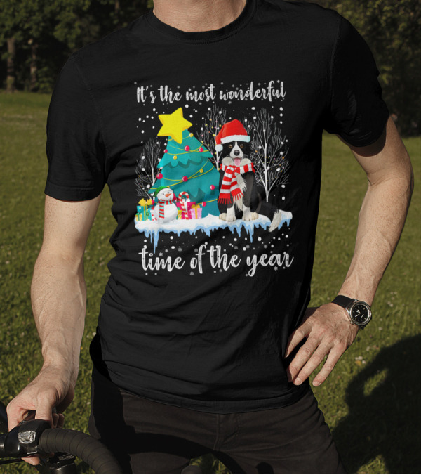 Border Collie It's The Most Wonderful Time Of The Year Christmas Tree Snowman Scene T-Shirt