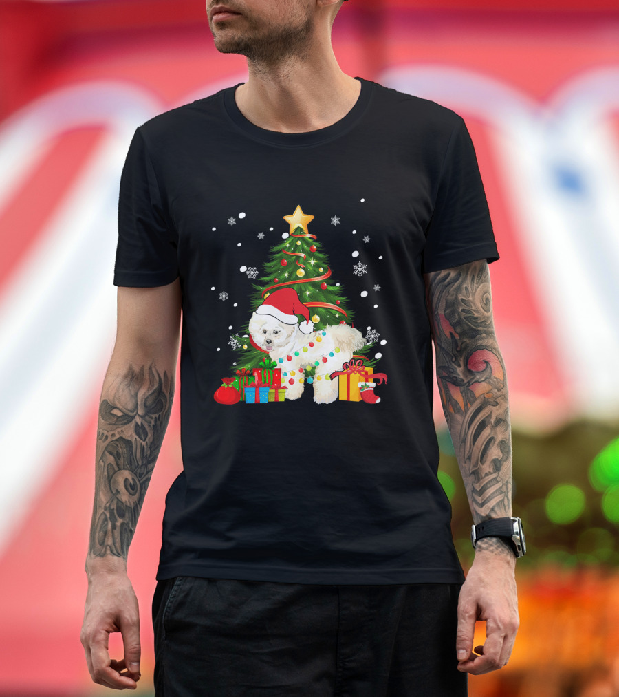 Bichon Frise Santa Christmas Tree with Gifts and Snowflakes T-Shirt