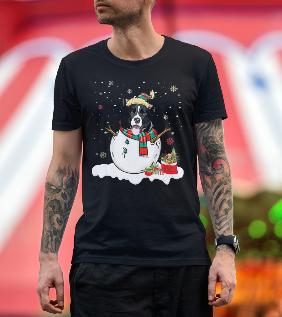 Border Collie Lover Merry Christmas Snowman Scene T-Shirt