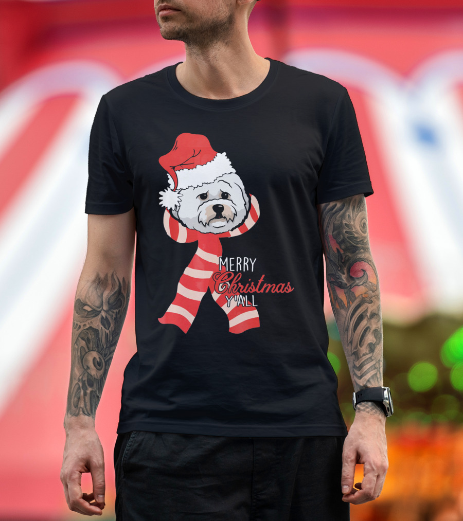 Bichon Frises Dog Merry Christmas Y'all Santa Hat Red Scarf T-Shirt