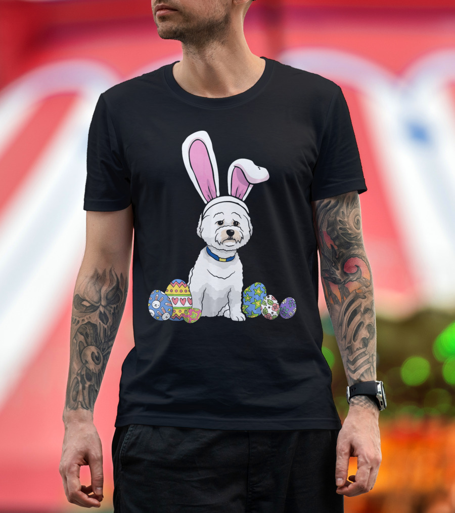 Bichons Frise Wearing Bunny Ears with Easter Eggs Surrounding T-Shirt