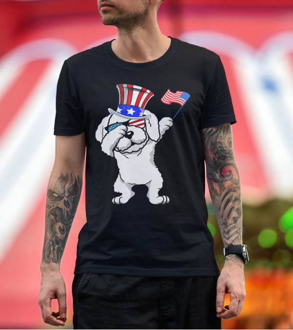 Premium T-Shirt: Bichon Frise Dabbing Dog Dad Patriotic Celebration with American Flag and Uncle Sam Hat T-Shirt Bichon Frise Dabbing Dog Dad Patriotic Celebration with American Flag and Uncle Sam Hat T-Shirt