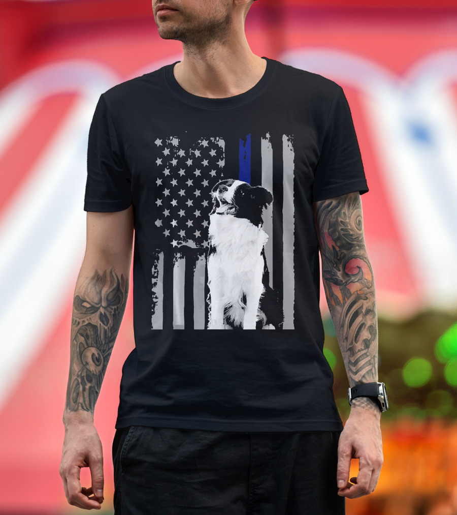BORDER COLLIE FLAG Funny Ameri Thin Blue Line USA Dog T-Shirt