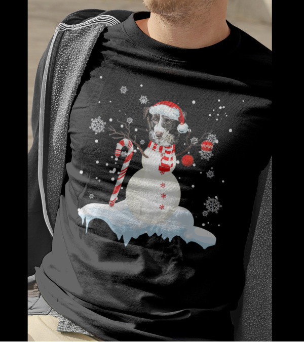 Border Collie Snowman With Candy Cane And Red Hat In Winter Wonderland T-Shirt
