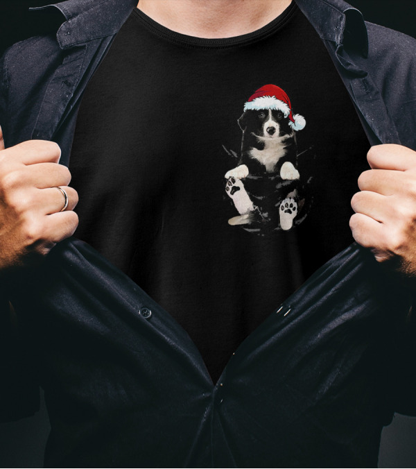 Border Collie In Santa Hat Inside Pocket T-Shirt