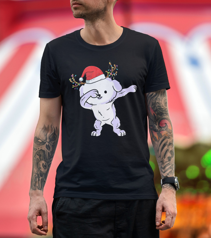 Dabbing Bichon Frise with Santa Hat and Reindeer Antlers T-Shirt