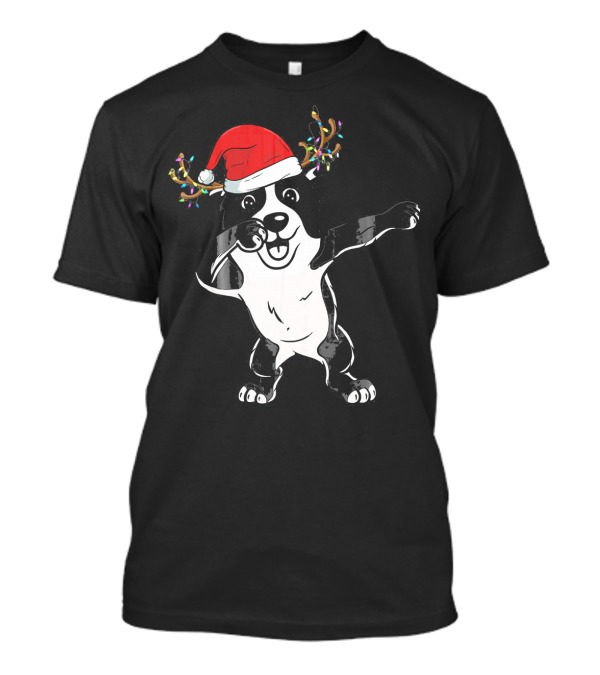 Dabbing Border Collie With Santa Hat And Reindeer Antlers T-Shirt