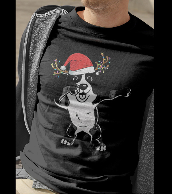 Dabbing Border Collie With Santa Hat And Reindeer Antlers T-Shirt