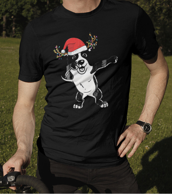Dabbing Border Collie With Santa Hat And Reindeer Antlers T-Shirt