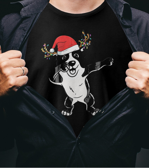 Dabbing Border Collie With Santa Hat And Reindeer Antlers T-Shirt