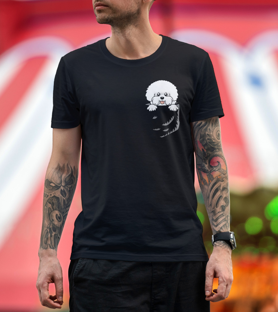 Adorable Bichon Frise Peeking from Pocket T-Shirt