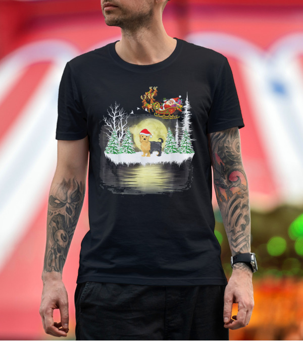 Premium T-Shirt: Yorkie Dog with Christmas Santa Sleigh and Snowy Trees T-Shirt Yorkie Dog with Christmas Santa Sleigh and Snowy Trees T-Shirt