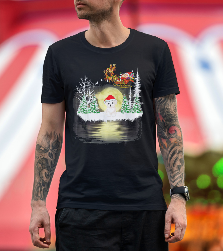 Santa Bichon Frise Dog with Sleigh and Moonlit Christmas Scene T-Shirt