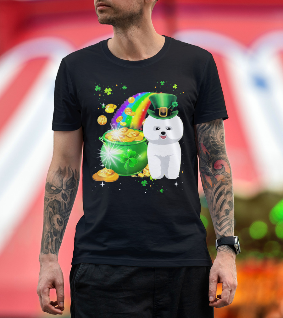 St Patricks Day Bichon Frise Lover Pot of Gold Rainbow Clover Hat T-Shirt