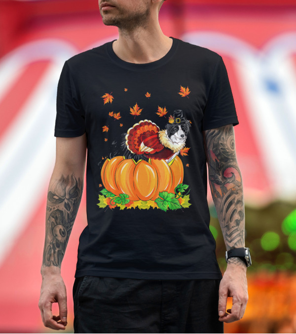 Premium T-Shirt: Thanksgiving Border Collie in Pilgrim Hat with Turkey Feathers and Pumpkins T-Shirt Thanksgiving Border Collie in Pilgrim Hat with Turkey Feathers and Pumpkins T-Shirt