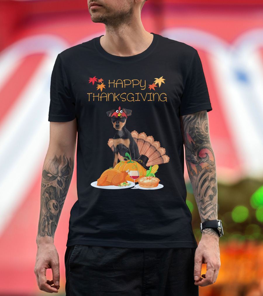 Happy Thanksgiving Miniature Pinscher with Turkey Feast and Autumn Leaves T-Shirt