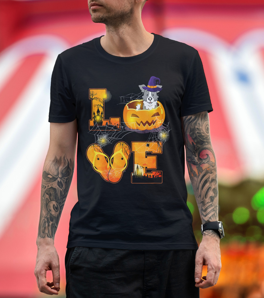 LOVE Border Collie Halloween Pumpkin Witch Hat Spiderwebs T-Shirt