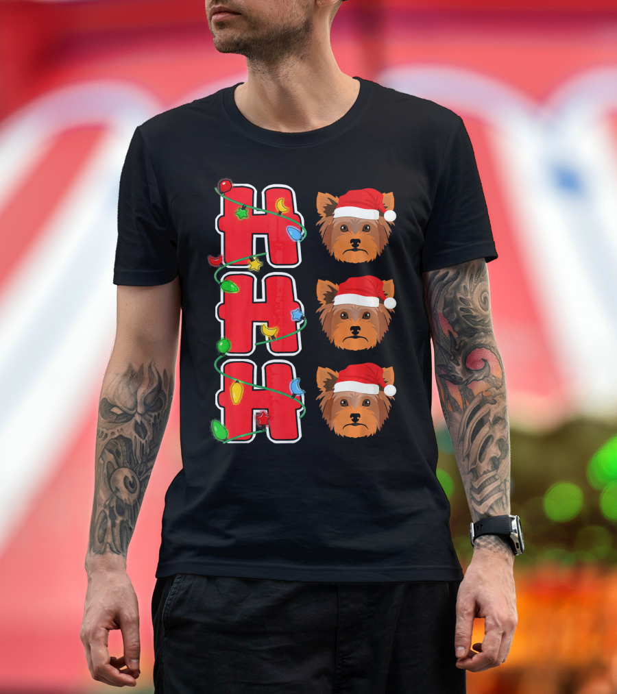 Ho Ho Ho Santa Yorkshire Terrier Christmas Lights T-Shirt