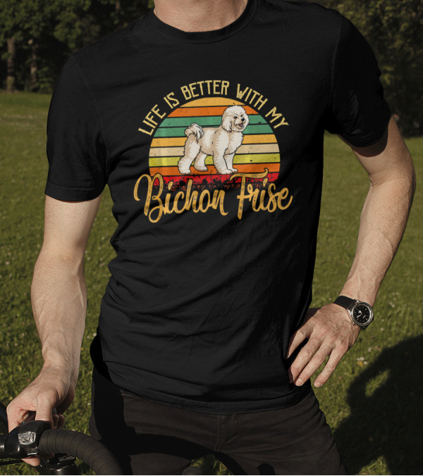 Life Is Better With My Bichon Frise Vintage Sunset Stripes T-Shirt