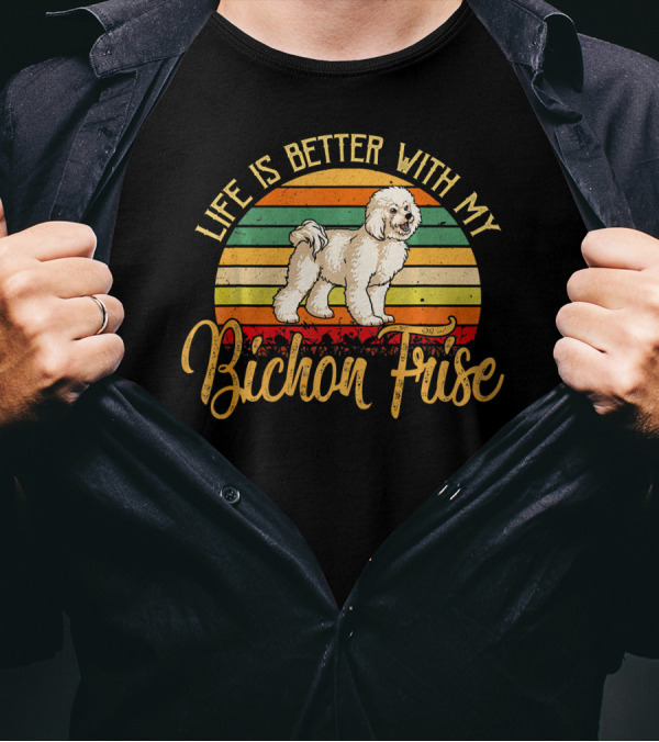 Life Is Better With My Bichon Frise Vintage Sunset Stripes T-Shirt