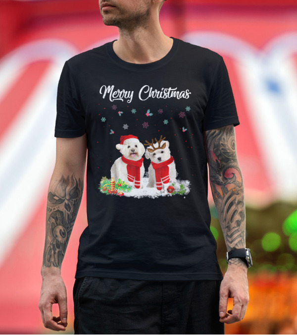 Premium T-Shirt: Merry Christmas Bichon Frise Santa and Reindeer Dogs T-Shirt Merry Christmas Bichon Frise Santa and Reindeer Dogs T-Shirt