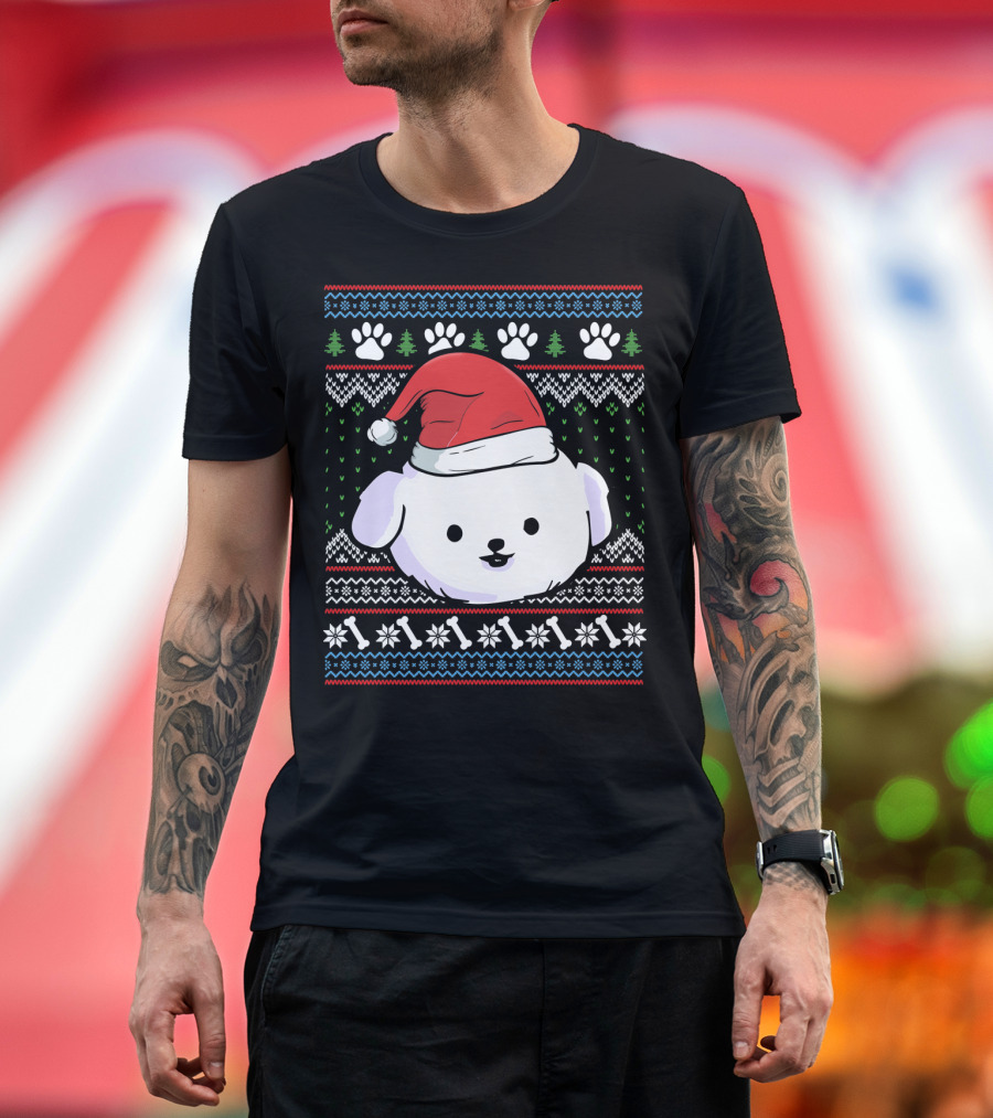 Ugly Xmas Bichon Frise Santa Hat Paw Prints Holiday T-Shirt