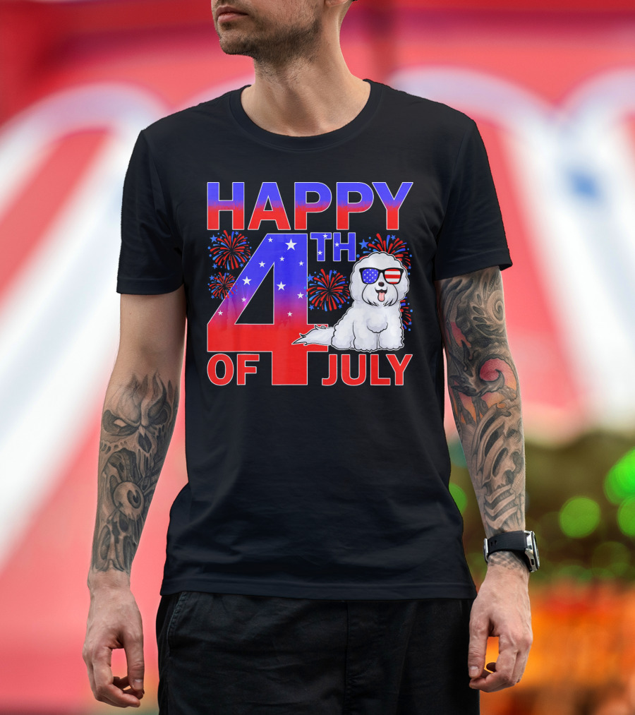 Happy 4th of July Bichon Frise Dog with Fireworks and Patriotic Sunglasses T-Shirt
