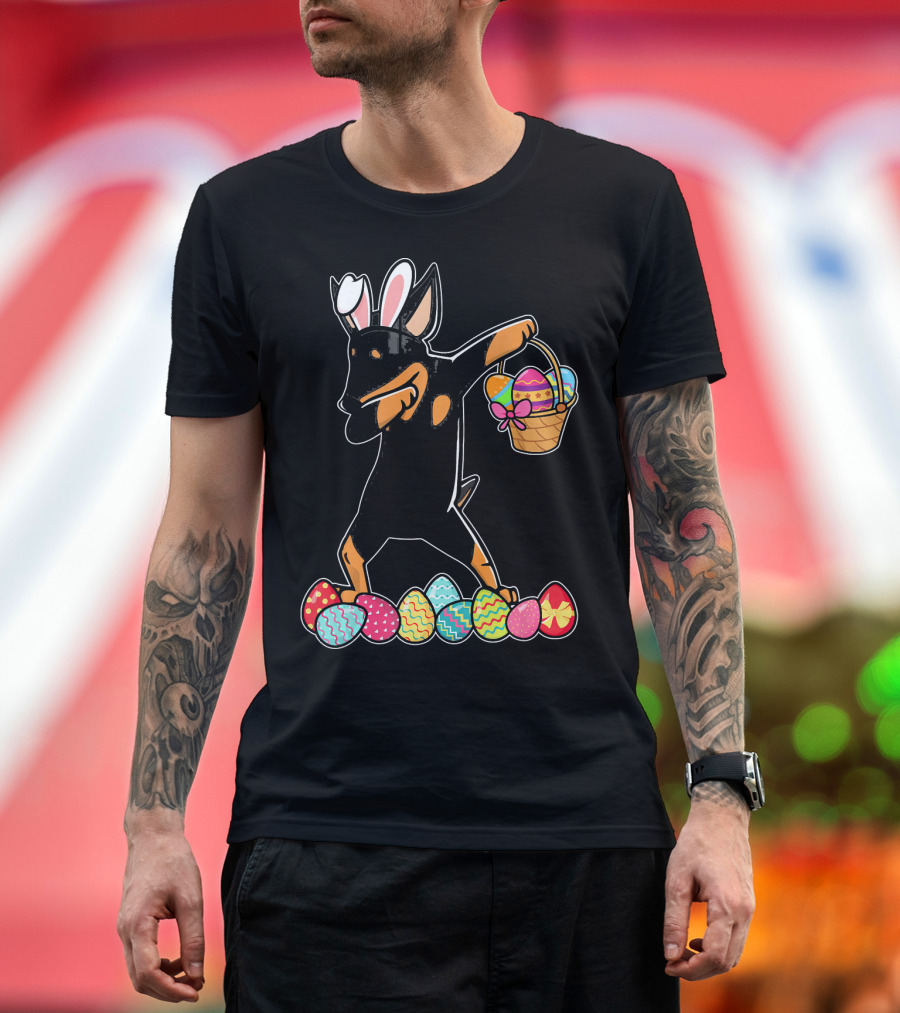 Miniature Pinscher Dabbing with Easter Bunny Ears and Basket of Colorful Eggs T-Shirt