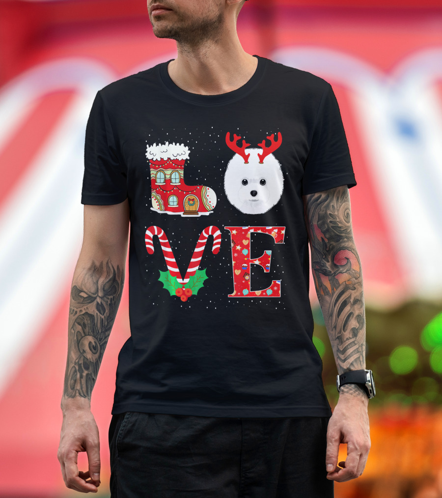 I Love My Bichon Frise Reindeer Horns Christmas Candy Cane Boot T-Shirt