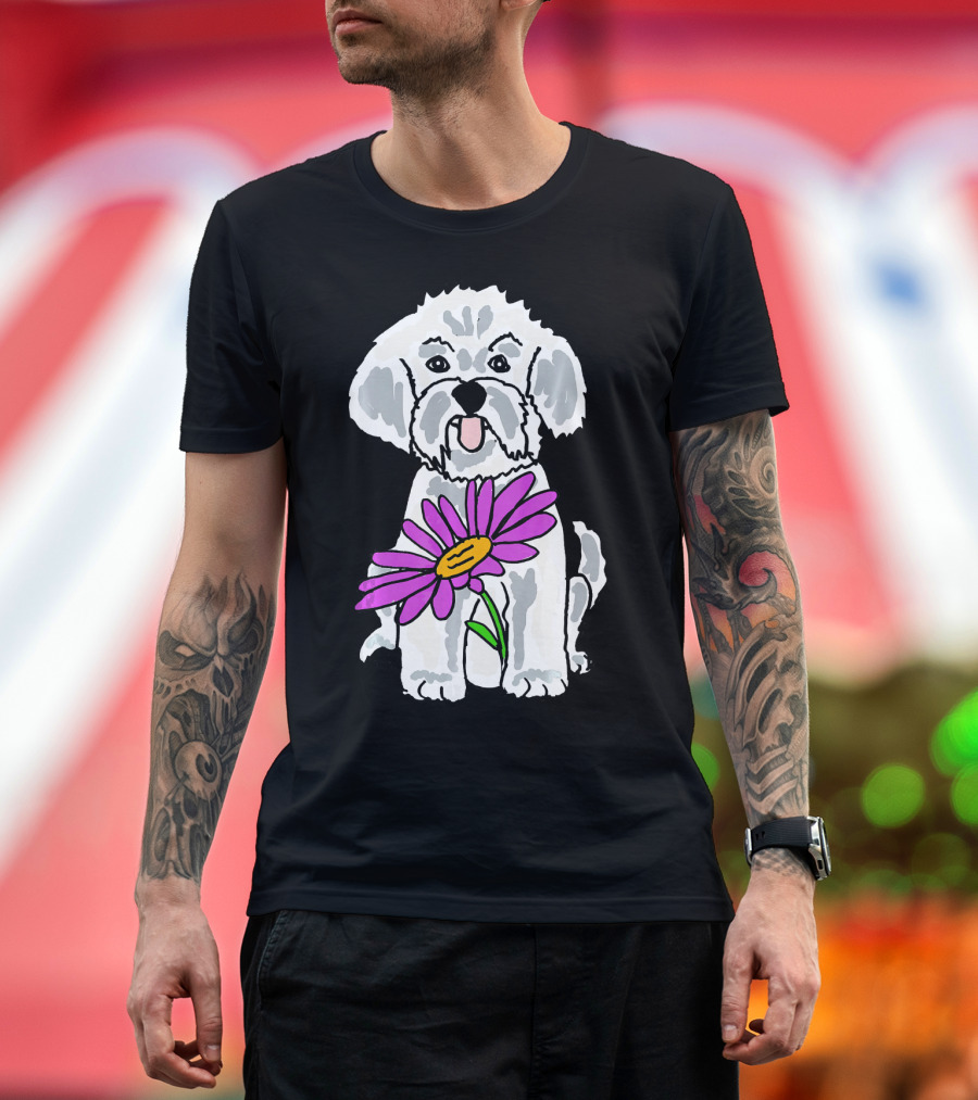 Smilenowtees Funny Bichon Frise Dog with Purple Flower T-Shirt