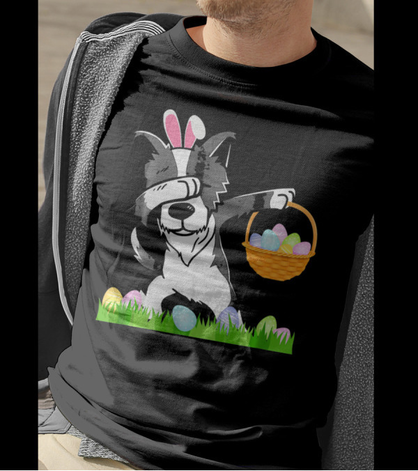 Happy Border Collie Bunny Dabbing Dab Easter Egg Basket T-Shirt