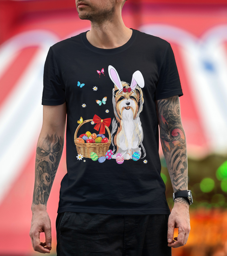 Yorkshire Terrier Bunny Ear Rabbit Easter Basket Eggs Butterflies Daisies T-Shirt