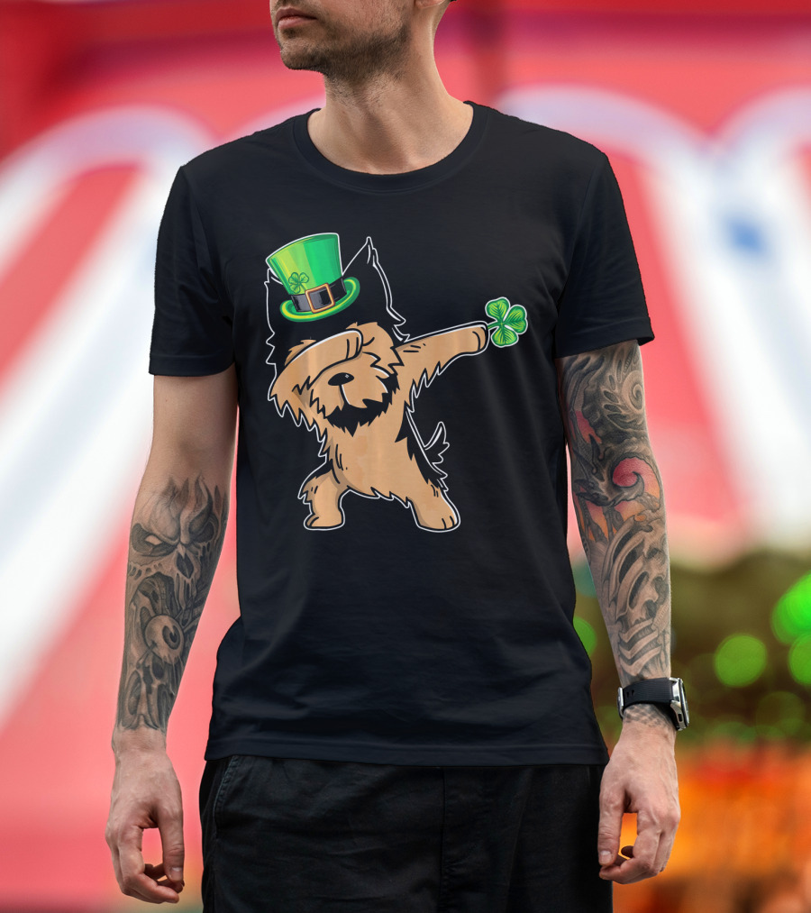 Yorkshire Terrier Dabbing Dance with Shamrock Hat and Clover T-Shirt