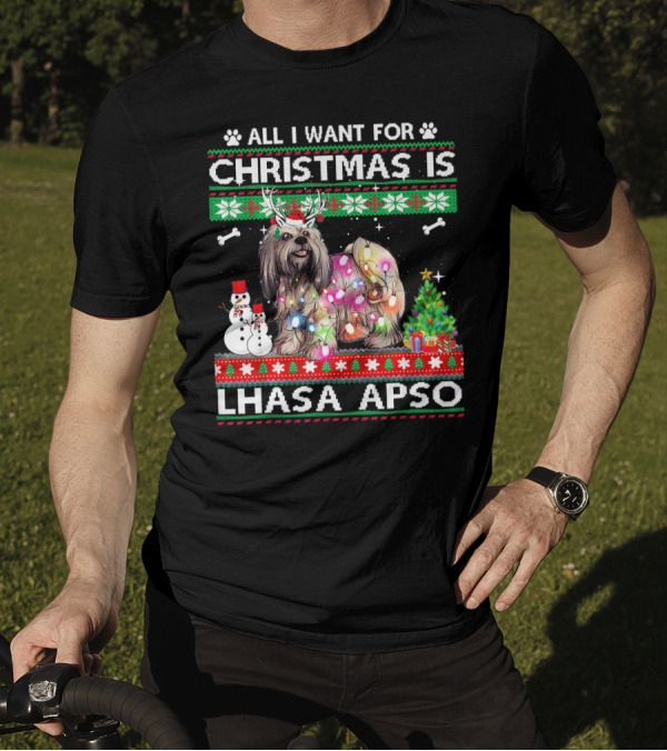 Festive Christmas Lhasa Apso With Lights Snowman And Tree T-Shirt