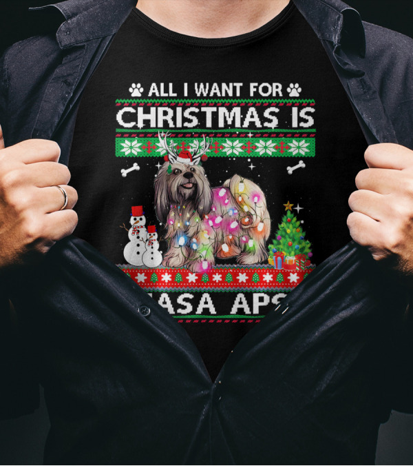Festive Christmas Lhasa Apso With Lights Snowman And Tree T-Shirt