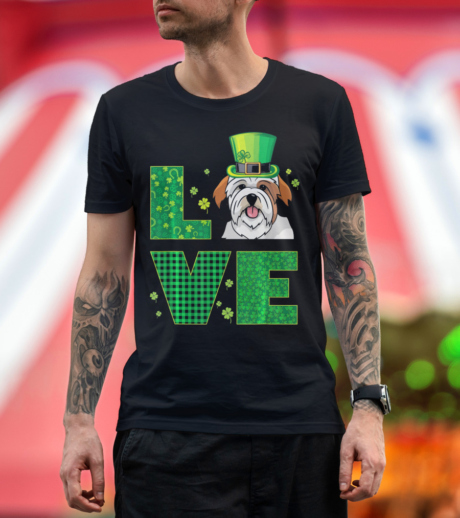 Love Lhasa Apso Dog Green Patrick Hat with Shamrocks T-Shirt