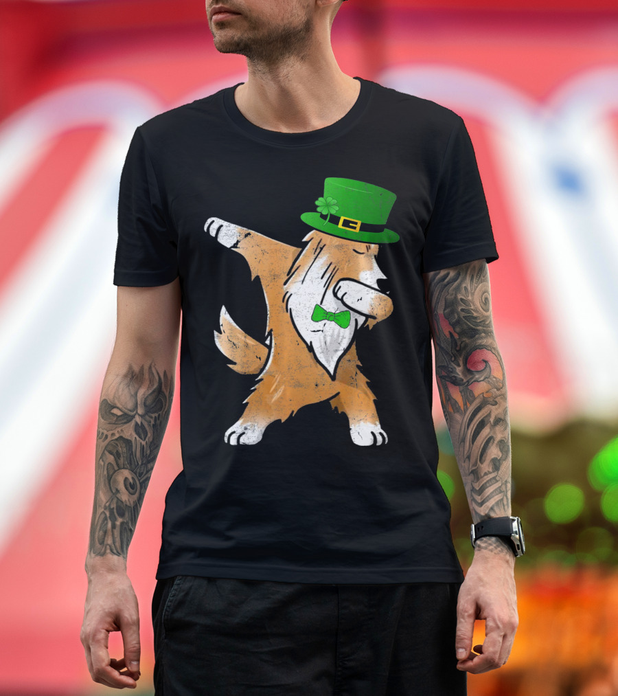 Dabbing Shetland Sheepdog Wearing Irish St Patrick's Day Hat and Bow Tie T-Shirt
