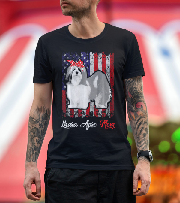 Premium T-Shirt: Lhasa Apso Mom American Flag Bandana Sunglasses T-Shirt Lhasa Apso Mom American Flag Bandana Sunglasses T-Shirt