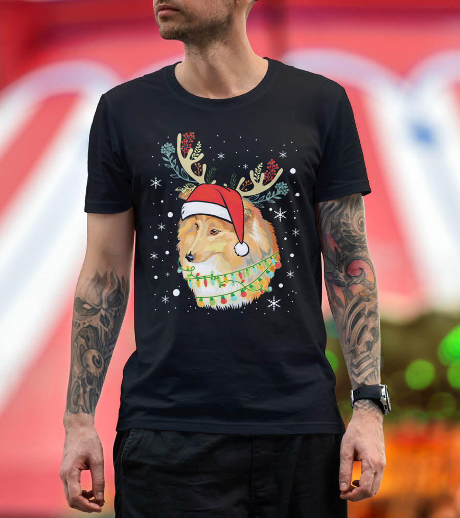 Shetland Sheepdog with Antlers, Christmas Lights, and Santa Hat T-Shirt