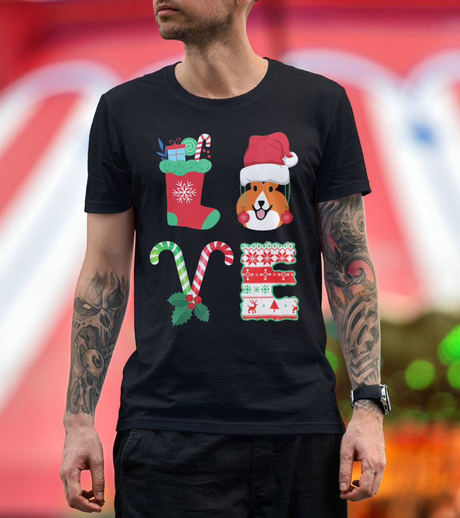 LOVE Christmas Shetland Sheepdog Santa Hat Candy Canes Stocking Letter T-Shirt