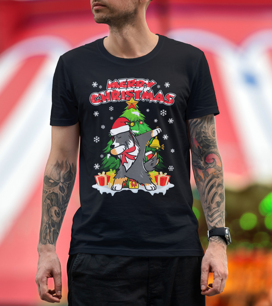 Merry Christmas Funny Dabbing Sheltie with Tree and Gifts T-Shirt