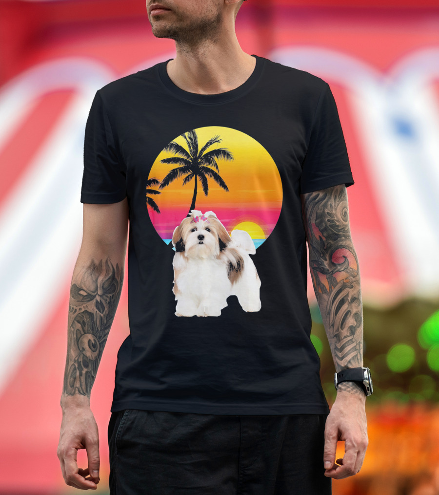 Lhasa Apso Retro Vintage 70s Dad Sunset Palm Trees T-Shirt