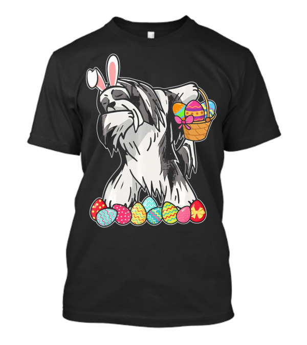 Lhasa Apso Dabbing Bunny With Easter Egg Basket And Colorful Eggs T-Shirt