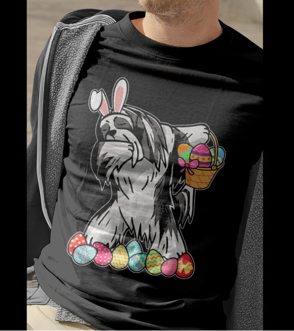 Lhasa Apso Dabbing Bunny With Easter Egg Basket And Colorful Eggs T-Shirt