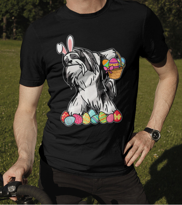Lhasa Apso Dabbing Bunny With Easter Egg Basket And Colorful Eggs T-Shirt