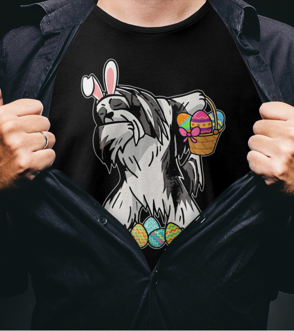 Lhasa Apso Dabbing Bunny With Easter Egg Basket And Colorful Eggs T-Shirt