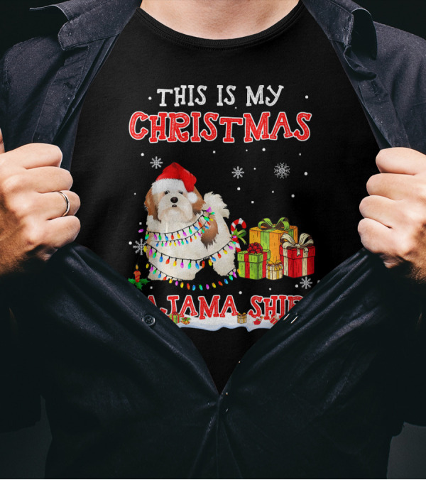 This Is My Christmas Pajama Shirt Lhasa Apso With Snowflakes And Gifts T-Shirt