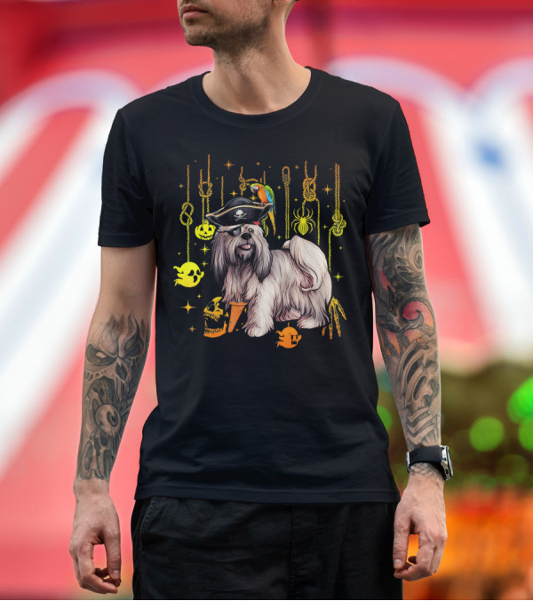 Premium T-Shirt: Lhasa Apso Pirate Parrot Halloween Dog Lovers Skulls and Ghosts T-Shirt Lhasa Apso Pirate Parrot Halloween Dog Lovers Skulls and Ghosts T-Shirt