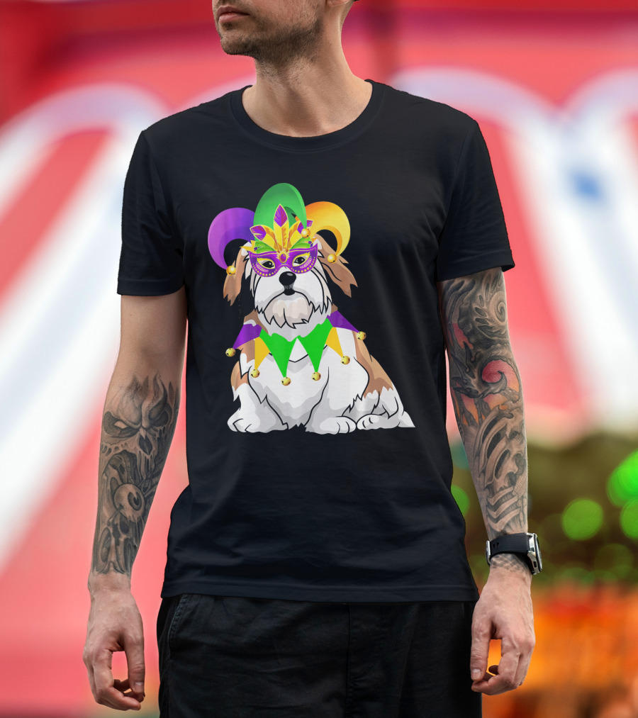 Lhasa Apso Mardi Gras Jester Dog Mask Costume T-Shirt
